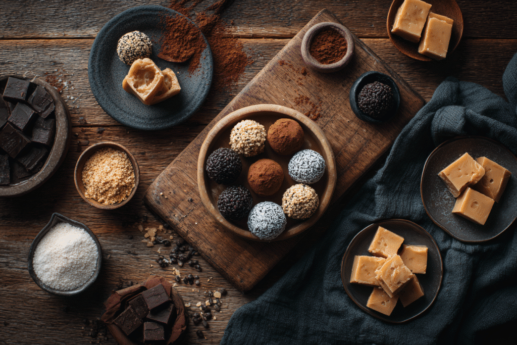 3 Ingredient Keto Desserts That Are Quick, Delicious, and Low-Carb 5 Assorted 3 ingredient keto desserts on rustic wood table