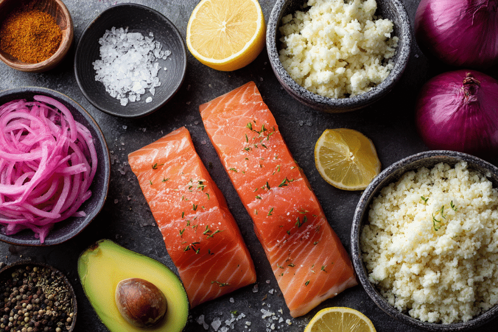 Keto Salmon Bowl Meal Prep: Easy, Healthy & Low-Carb Southern Favorite 7 keto salmon bowl ingredients laid out for meal prep