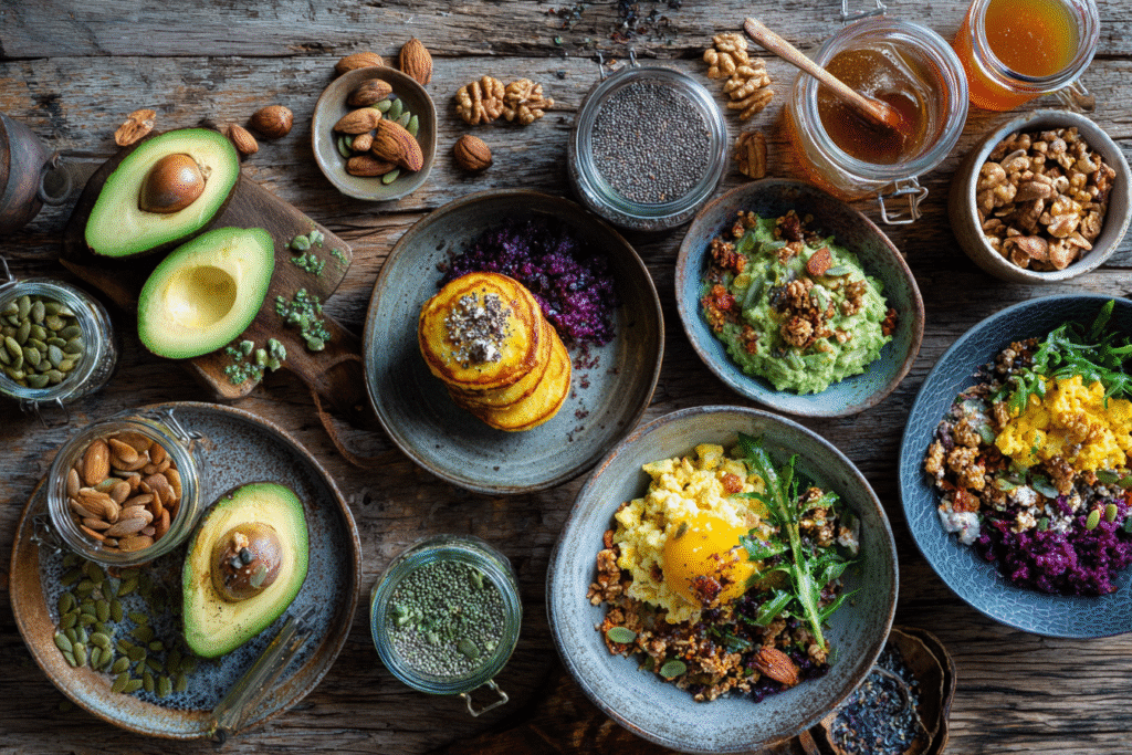 Keto Breakfast Ideas Vegetarian – Delicious & Easy Low-Carb Starts 5 Colorful vegetarian keto breakfast ideas on wooden table