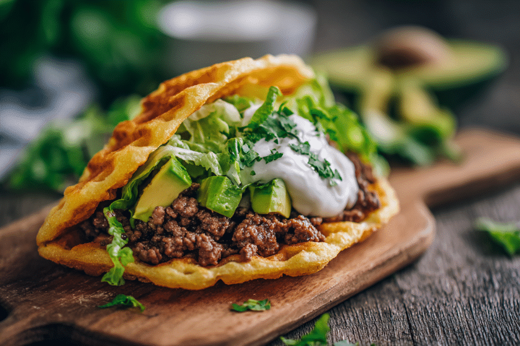 Keto Chaffle Tacos: Crispy, Low-Carb Shells That Hit the Spot 5 Keto chaffle taco with beef and toppings
