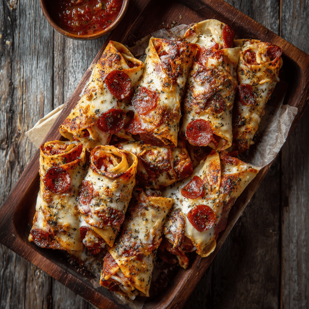 Keto Pizza Roll-Ups: Easy, Cheesy, Low-Carb Recipe You’ll Love 5 Keto pizza roll-ups served on a wooden tray with melted cheese and pepperoni