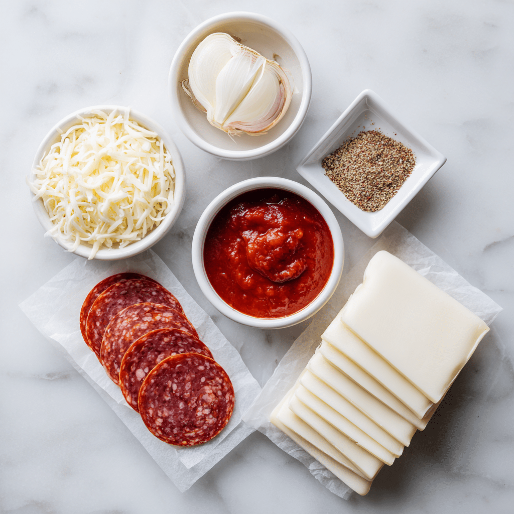 Keto Pizza Roll-Ups: Easy, Cheesy, Low-Carb Recipe You’ll Love 7 Ingredients for keto pizza roll-ups including mozzarella, marinara, and pepperoni