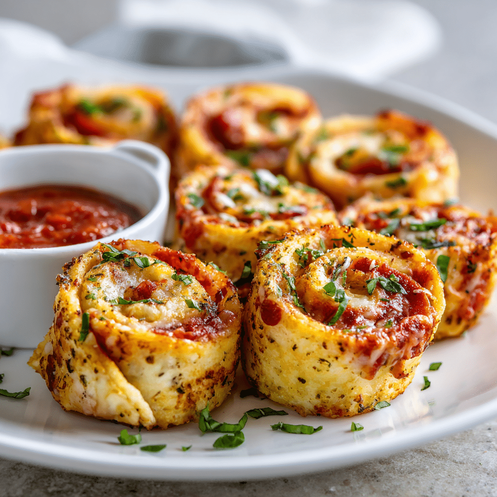 Keto Pizza Roll-Ups: Easy, Cheesy, Low-Carb Recipe You’ll Love 8 Baked keto pizza roll-ups on a plate with dipping sauce