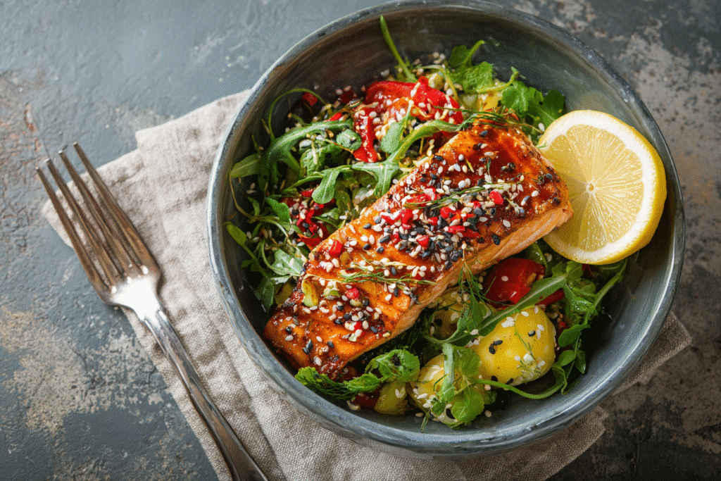 Keto Salmon Bowl Meal Prep: Easy, Healthy & Low-Carb Southern Favorite 8 served keto salmon bowl with fresh herbs and lemon wedge