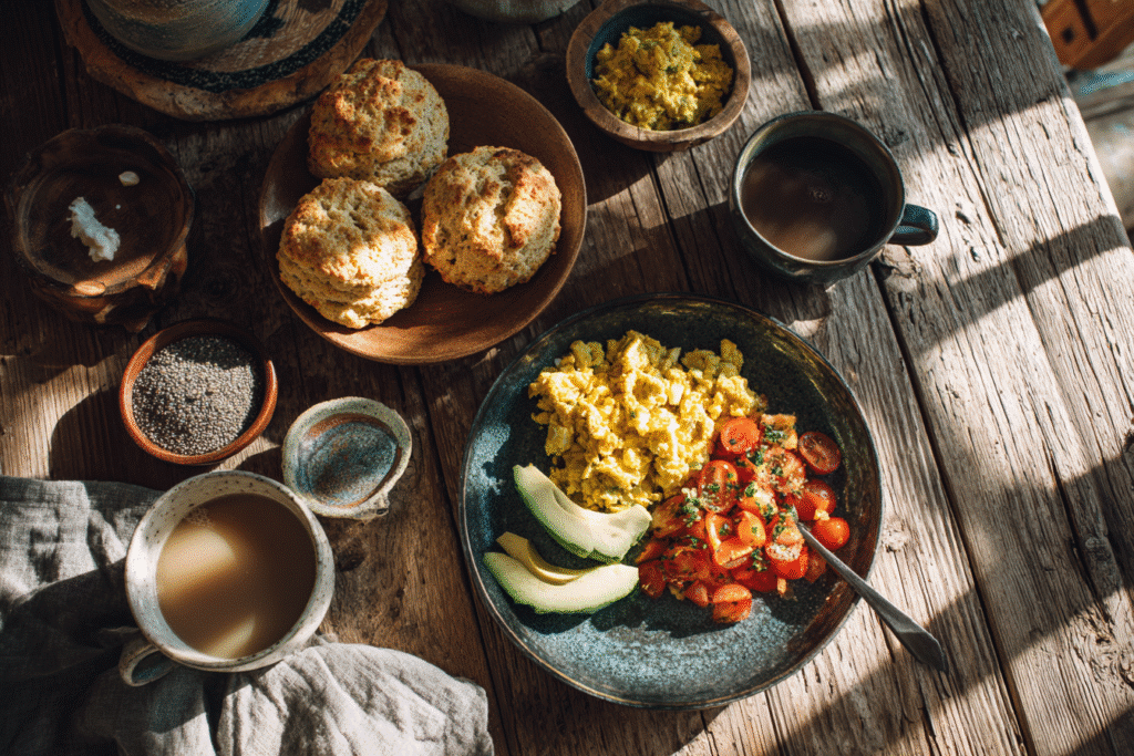 Vegan Keto Breakfast Recipes That Actually Satisfy 5 Vegan keto breakfast spread on rustic table