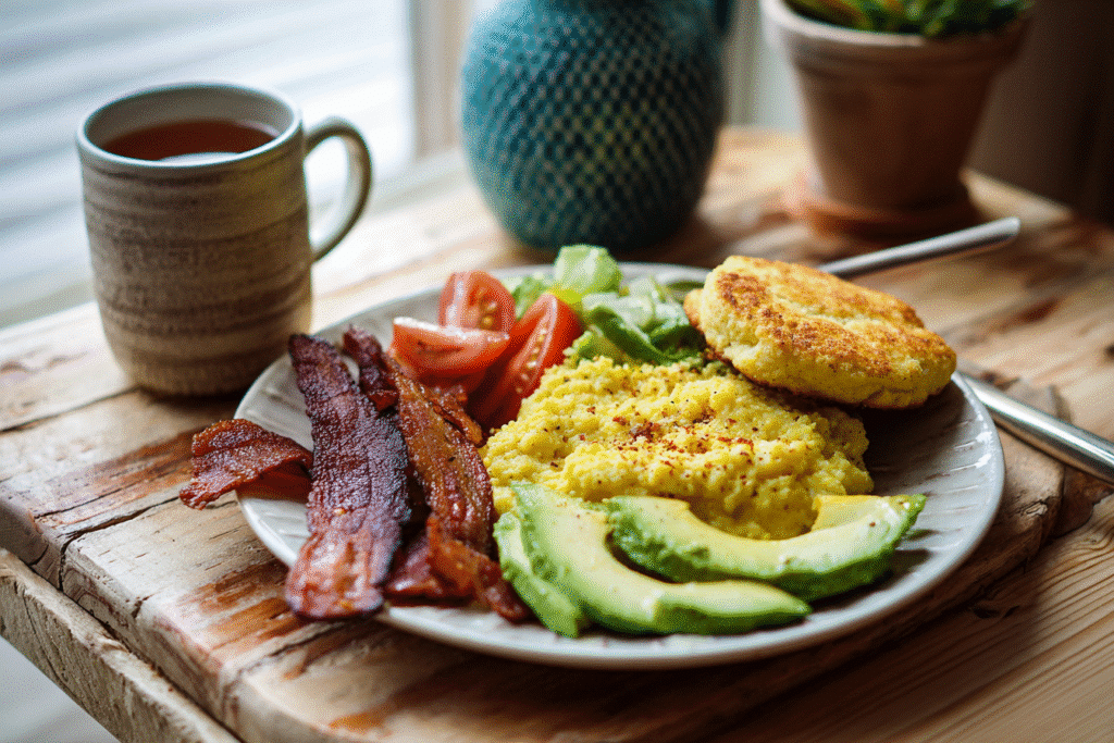 Vegan Keto Breakfast Recipes That Actually Satisfy 8 Vegan keto breakfast plated with tea