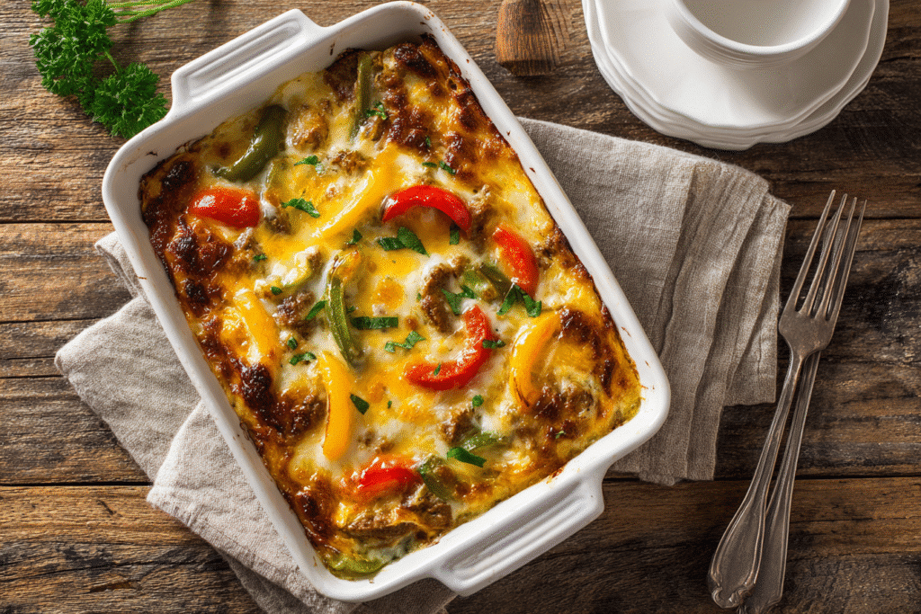 Keto Philly Cheesesteak Casserole: Easy Low-Carb Comfort 5 keto philly cheesesteak casserole in dish with melted cheese