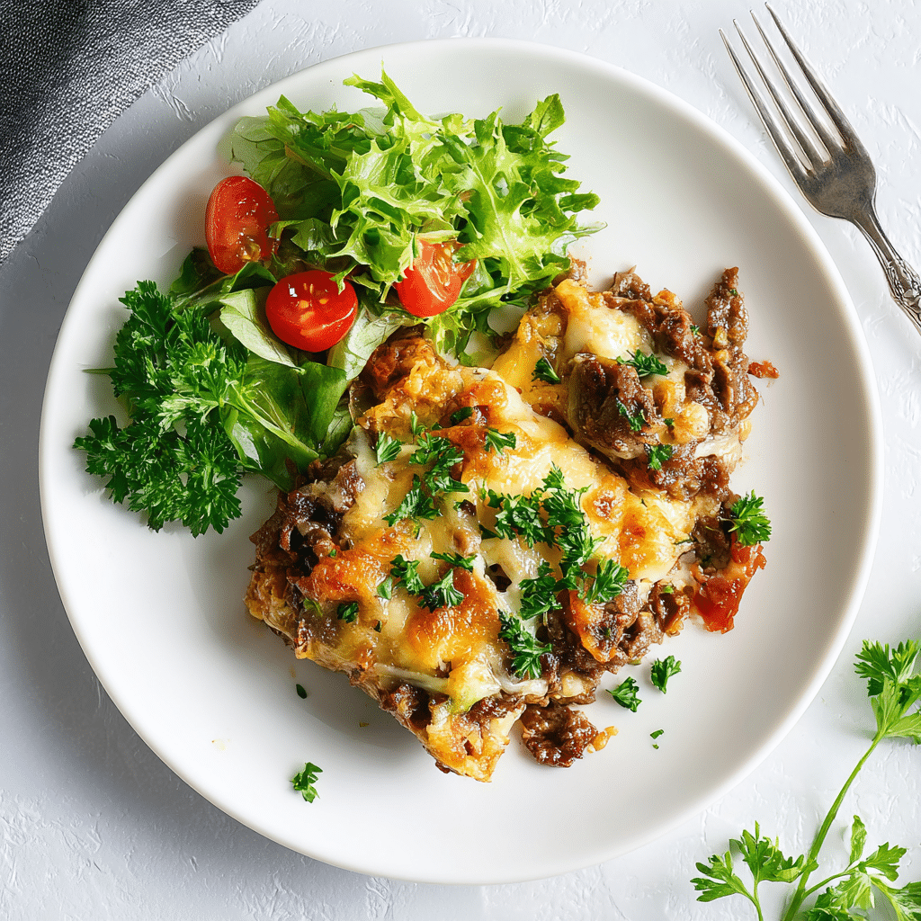 Keto Philly Cheesesteak Casserole: Easy Low-Carb Comfort 8 plated keto philly cheesesteak casserole with salad