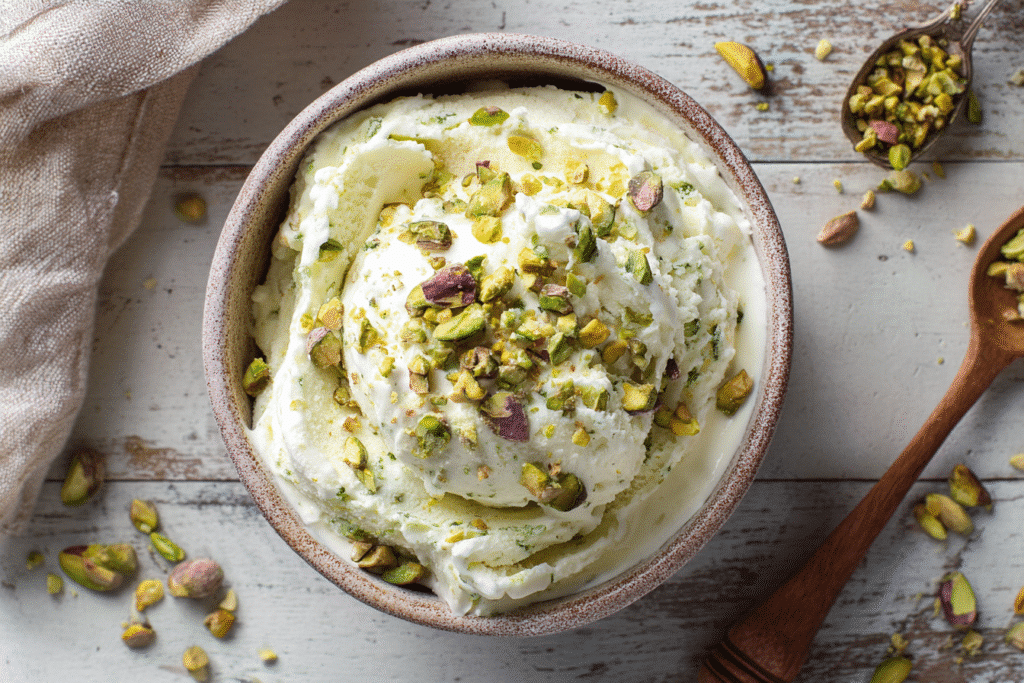 Keto Pistachio Cottage Cheese Ice Cream: Creamy Low-Carb Treat 5 Keto Pistachio Cottage Cheese Ice Cream in a bowl, low-carb keto dessert