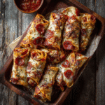 Keto Pizza Roll-Ups: Easy, Cheesy, Low-Carb Recipe You’ll Love 6 Keto pizza roll-ups served on a wooden tray with melted cheese and pepperoni